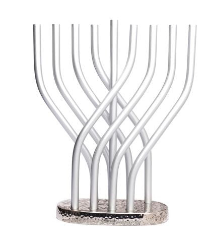 Emanuel Flame menorah, nine silver aluminum tubes twisting and crossing above an oval hammered base