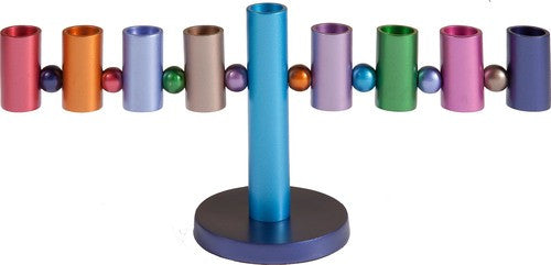 Emanuel menorah with multicolor anodized cylinder cups and beads on a teal stem and round blue base