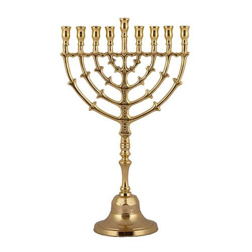 Classic 16 inch brass menorah with arched branches, decorative crossbars, turned stem and bell base