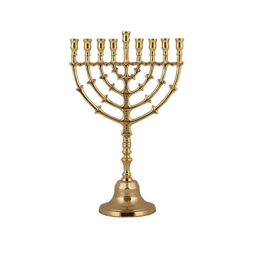 Emanuel 12 inch brass menorah with nested branched arms, turned stem and bell base, Leaves design