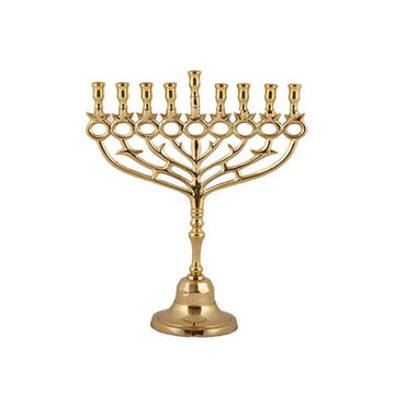Emanuel 12 inch brass menorah with decorative branched arms, slim stem and bell base, Pomegranate design