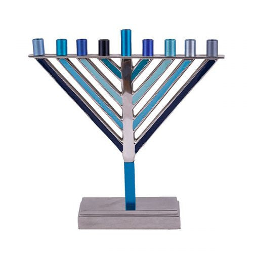 Large Emanuel Chabad style menorah with straight diagonal blue arms, teal stem and hammered base
