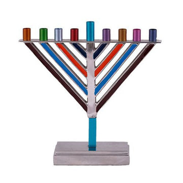 Large Emanuel Chabad style menorah with straight diagonal multicolor arms and a hammered base