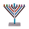 Large Emanuel Chabad style menorah with straight diagonal multicolor arms and a hammered base