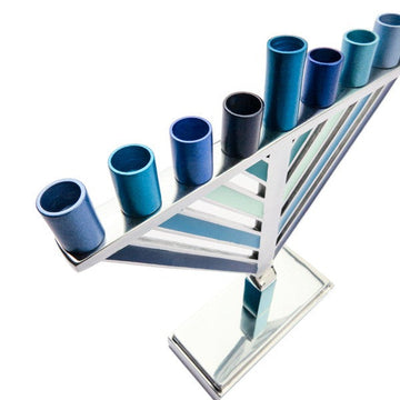 Small Emanuel Chabad style menorah with straight diagonal arms and blue cylinder cups