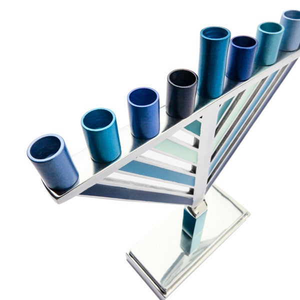 Small Emanuel Chabad style menorah with straight diagonal arms and blue cylinder cups