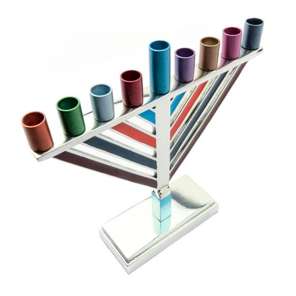 Small Emanuel Chabad style menorah with straight diagonal arms and multicolor cylinder cups