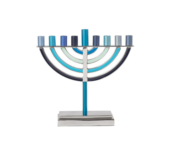 Small Emanuel Classic menorah with blue arched branches, teal stem and silver base