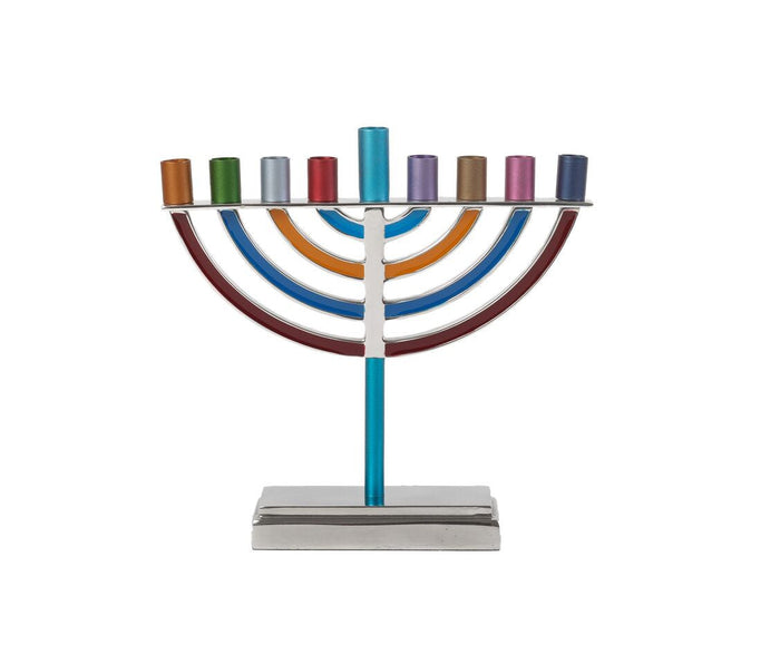 Small Emanuel Classic menorah with multicolor arched branches, teal stem and silver base