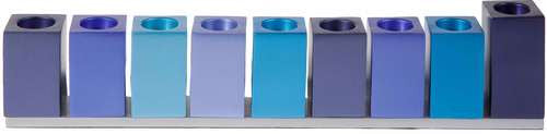 Emanuel Cubes menorah, a row of square blocks in shades of blue on a slim silver base