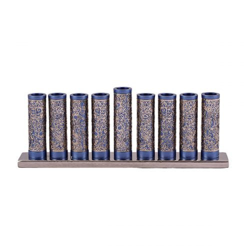 Emanuel menorah with nine blue anodized cylinders wrapped in lacy silver cutout on a low base