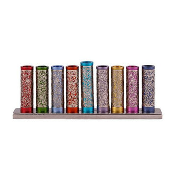 Emanuel menorah with nine multicolor anodized cylinders wrapped in lacy silver cutout on a low base