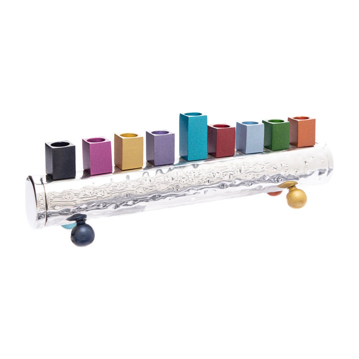 Emanuel cylinder strip menorah, hammered silver tube with multicolor candle cups