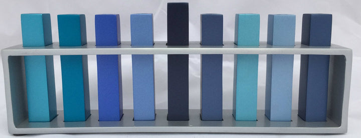 Emanuel menorah with nine square branches in shades of blue inside an open rectangular silver frame