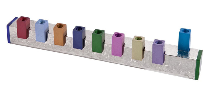 Emanuel menorah with nine multicolor square holders on a long hammered silver base
