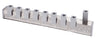 Emanuel menorah with nine square silver holders on a long hammered silver base, taller end shamash