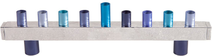 Emanuel hammered silver strip menorah on two cylinder feet with cups and feet in shades of blue