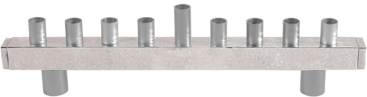 Emanuel hammered silver strip menorah on two cylinder feet with silver cups and feet