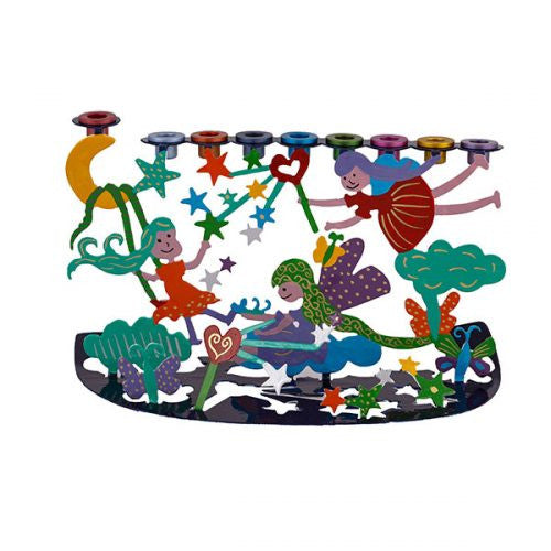 Emanuel laser cut menorah hand-painted with flying fairies, stars, hearts and trees on a dark base