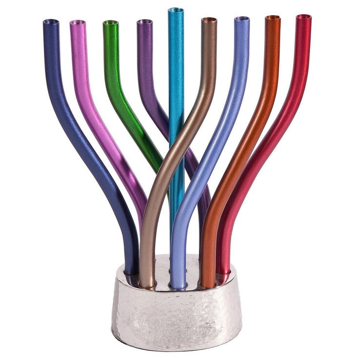 Emanuel Intertwined Branches menorah, nine multicolor aluminum branches crossing above a round hammered silver base