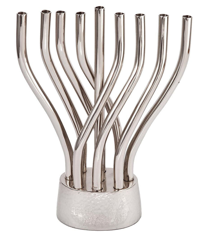 Emanuel Intertwined Branches menorah, nine silver aluminum branches crossing above a round hammered base