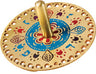 Round gold tone Emanuel laser cut dreidel with a multicolor Oriental floral design