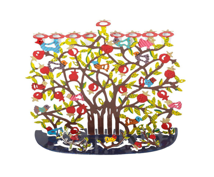 Emanuel laser cut pomegranate tree menorah hand-painted with red fruit, leaves and birds