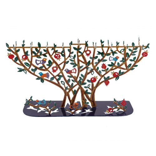 Laser cut Emanuel pomegranate tree menorah, hand-painted with red fruit, birds and blossoms on a dark base