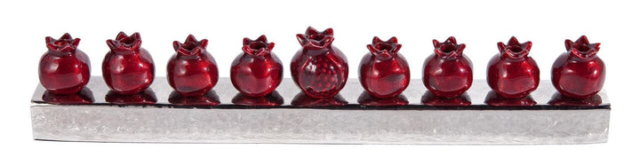 Emanuel strip menorah with nine red pomegranates on a long hammered silver base
