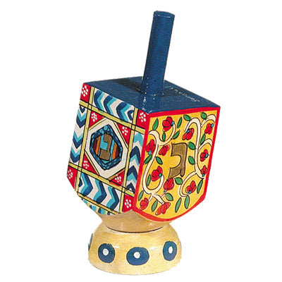 Yair Emanuel small painted dreidel with stand, red and blue oriental pattern with pomegranates