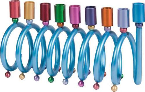 Emanuel spiral menorah, a light blue aluminum coil with nine multicolor cups and colored beads below