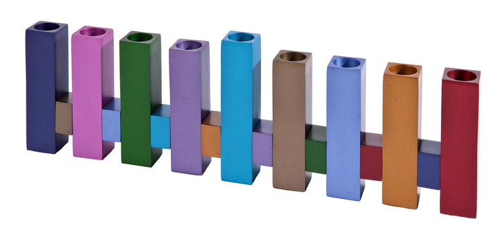 Emanuel Standing Squares menorah, nine multicolor square columns joined in a staggered row