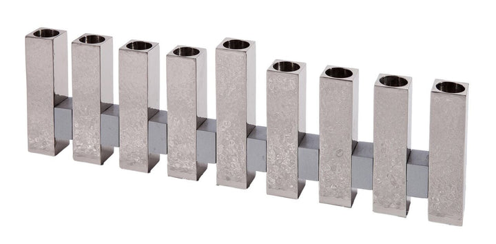 Emanuel Standing Squares menorah, nine hammered silver square columns joined in a staggered row