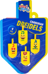 Four yellow emoji dreidels with Hebrew letters and English letter names on a dreidel shaped card