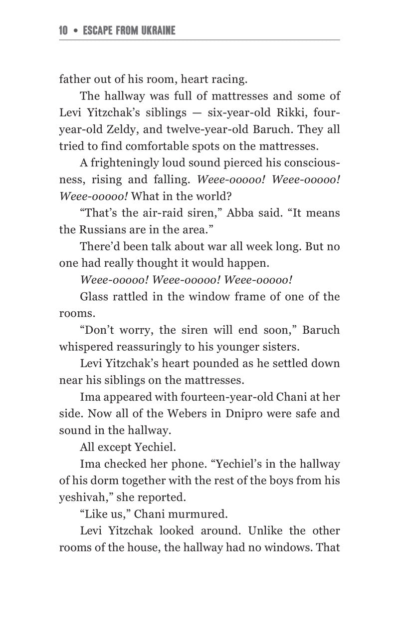 Prologue text page from Escape from Ukraine as air-raid sirens sound in Dnipro