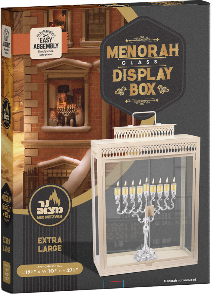Extra-large clear-panel menorah display box with easy-assembly frame