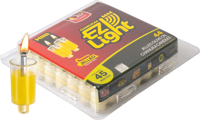 Ner Mitzvah EZ Light Mini package labeled 44 gelled olive oil Chanukah candles