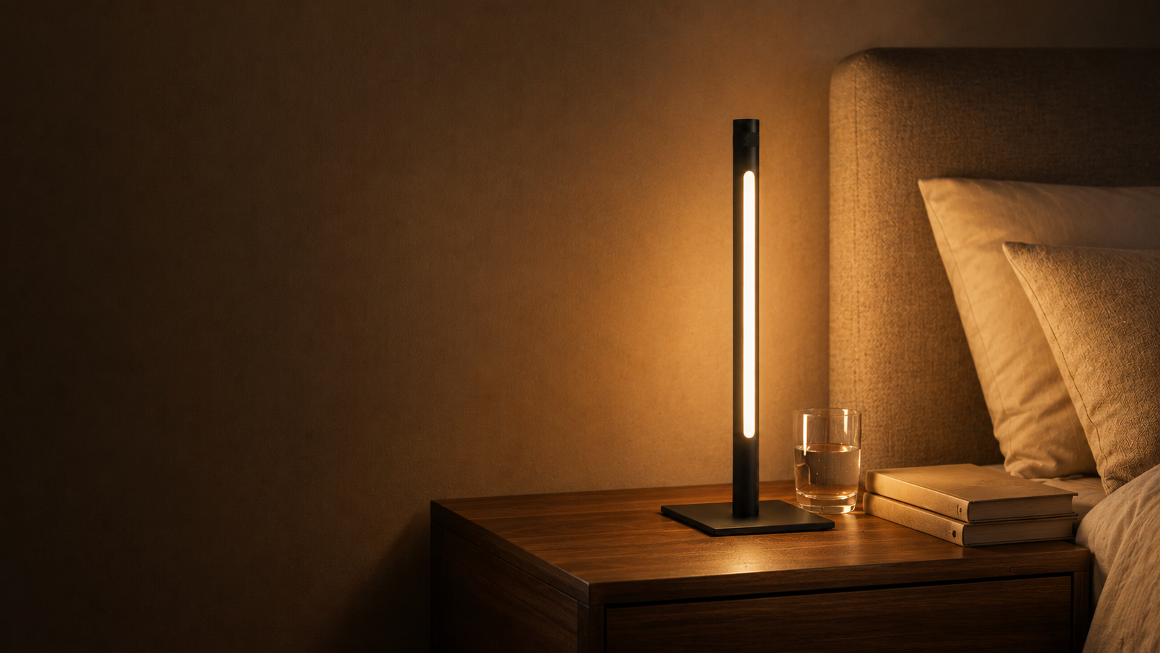 EZglow Modern Shabbos Light glowing warmly on a nightstand