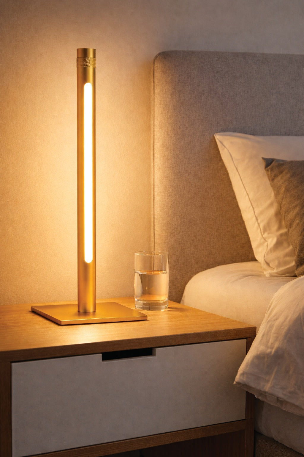 EZglow Shabbos Lamp in Gold — warm LED glow on a bedroom nightstand | Judaica Square