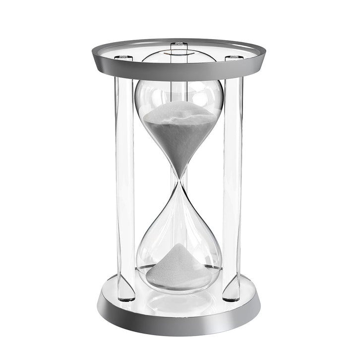 Silver-frame version of the hourglass timer with white sand, front view