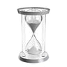 Silver-frame version of the hourglass timer with white sand, front view
