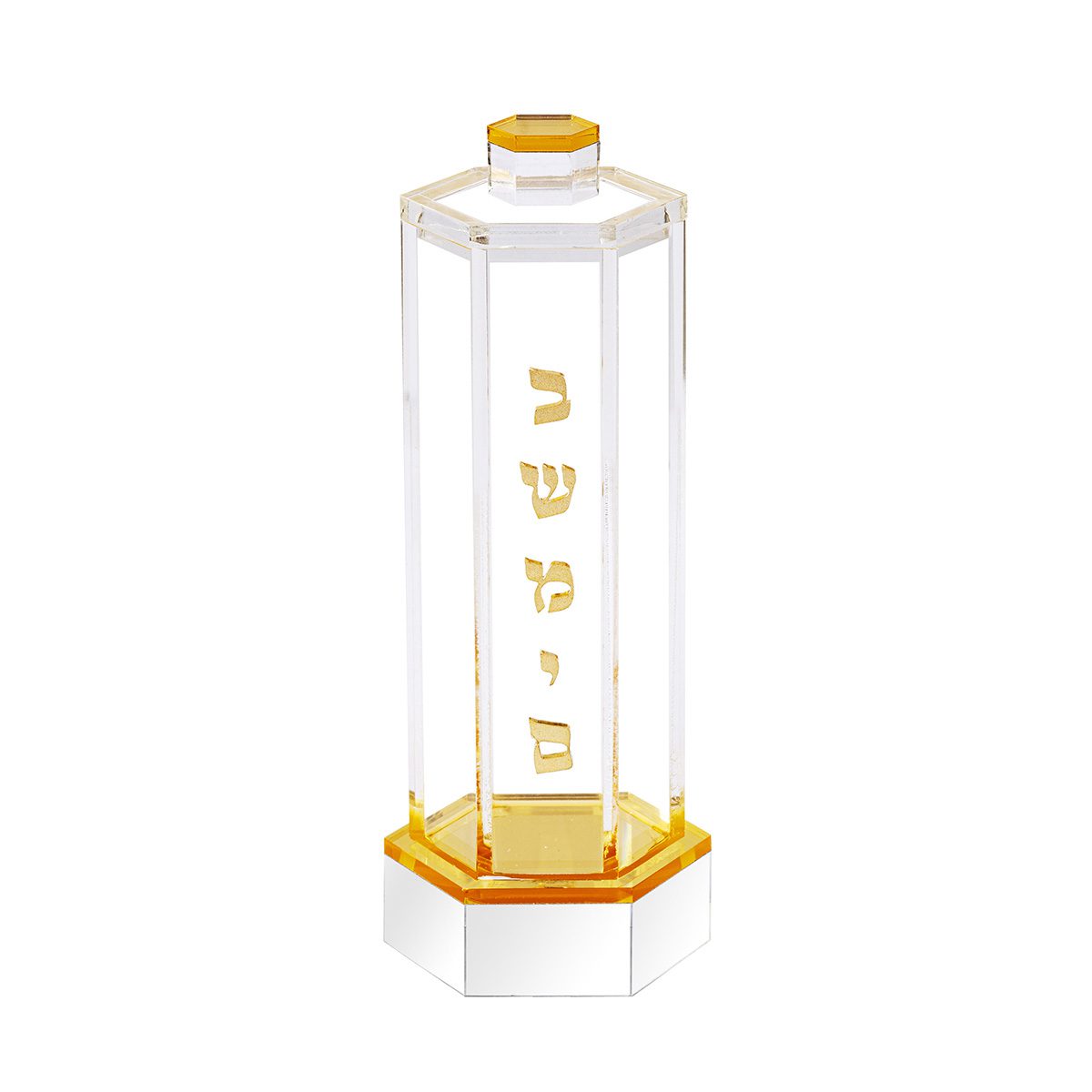 Gold version of the hexagonal besamim holder with gold lid and base, shown empty
