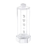 Clear hexagonal acrylic besamim holder with silver Hebrew lettering, shown empty