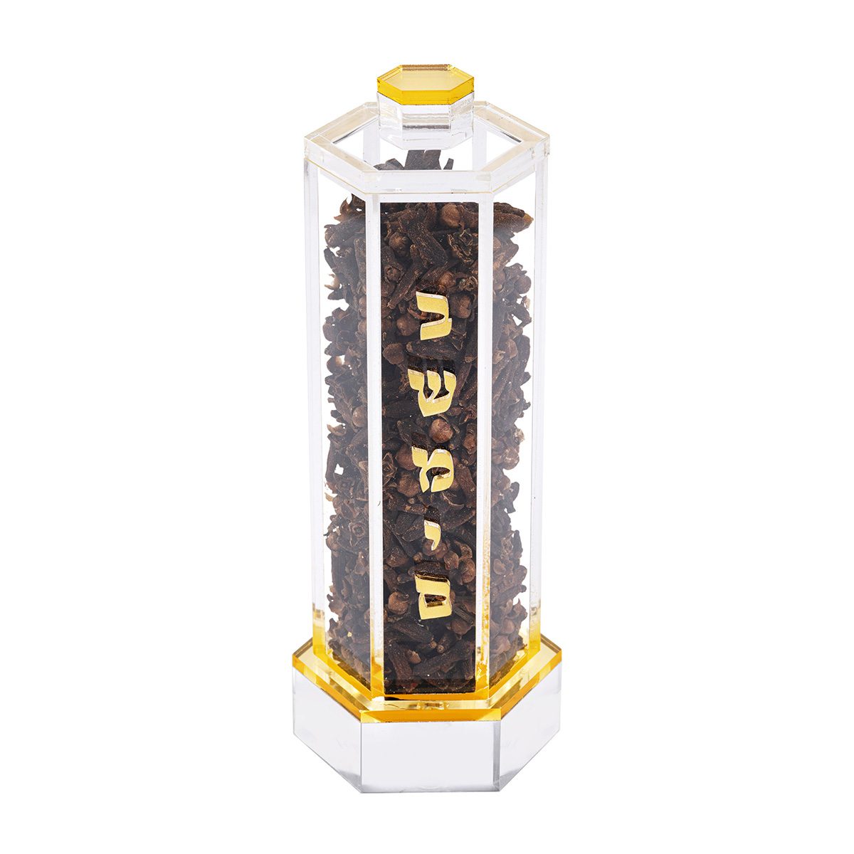 Gold besamim holder filled with cloves behind the raised gold lettering