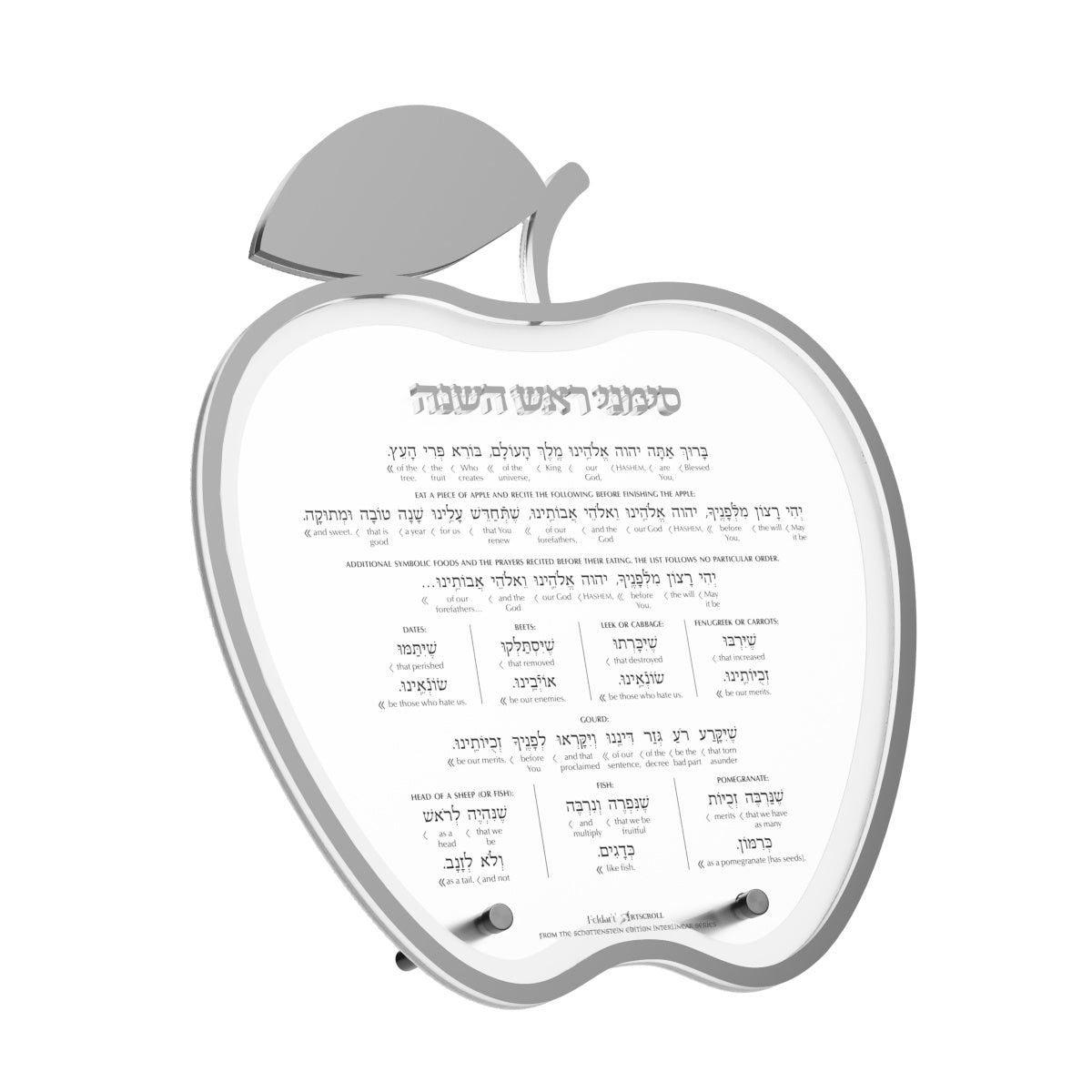 Silver apple simanim card with Artscroll interlinear translation, front view
