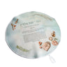 Round Blue Harmony challah cover with Hafrashas Challah text, wheat, eggs and braided challah art