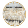 Round wall clock with a painted Kosel scene and men davening, in a gold acrylic frame with gold hands