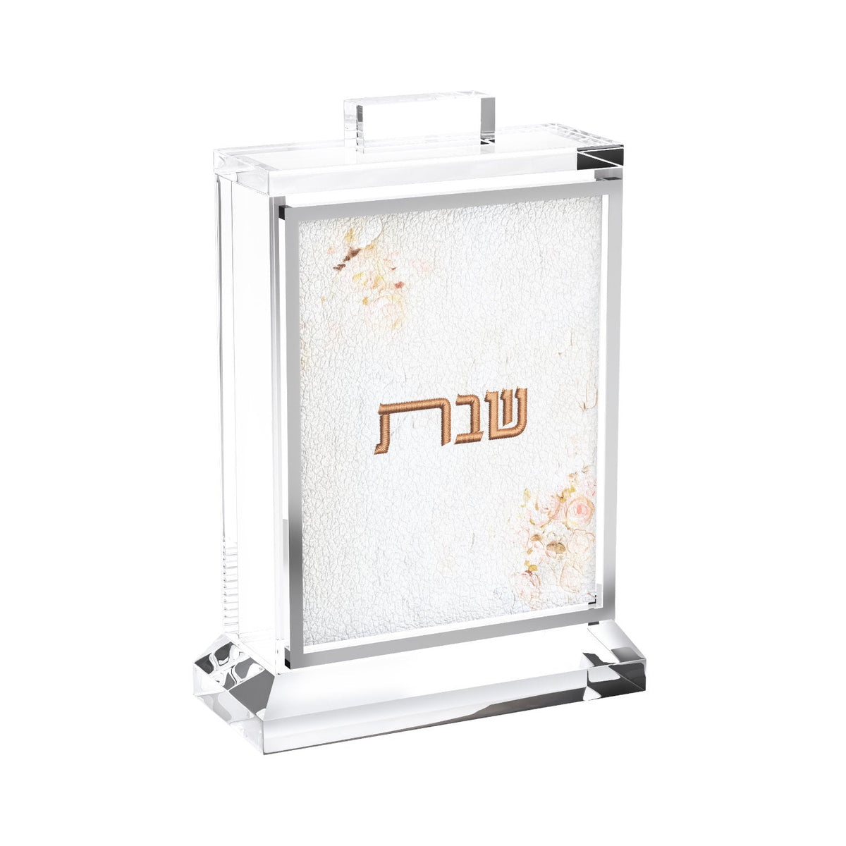 Front of the empty Blush Rose matchbox holder showing the lucite handle and silver-edged panel