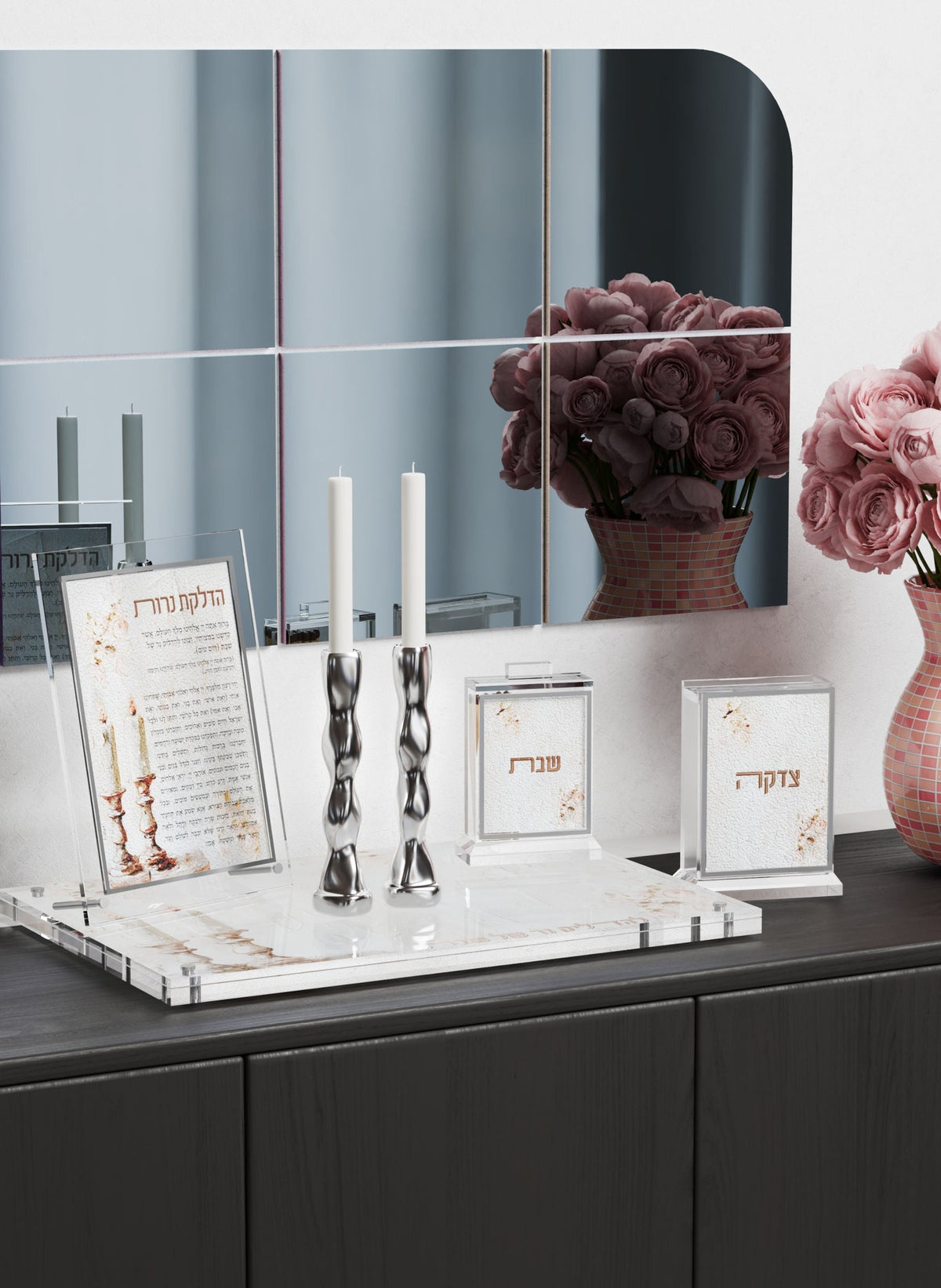 Matchbox holder on a Blush Rose tray with candlesticks, brochos card and tzedakah box