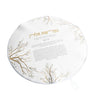Round Botanical Bloom hafrashas challah cover with gold Hebrew heading, tefillah text and branch embroidery